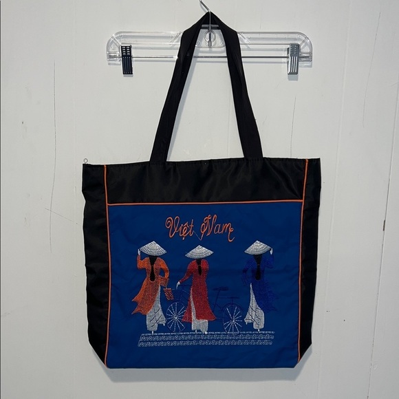 Unbranded Handbags - Vietnam Themed Black and Blue Embroidered Tote Bag